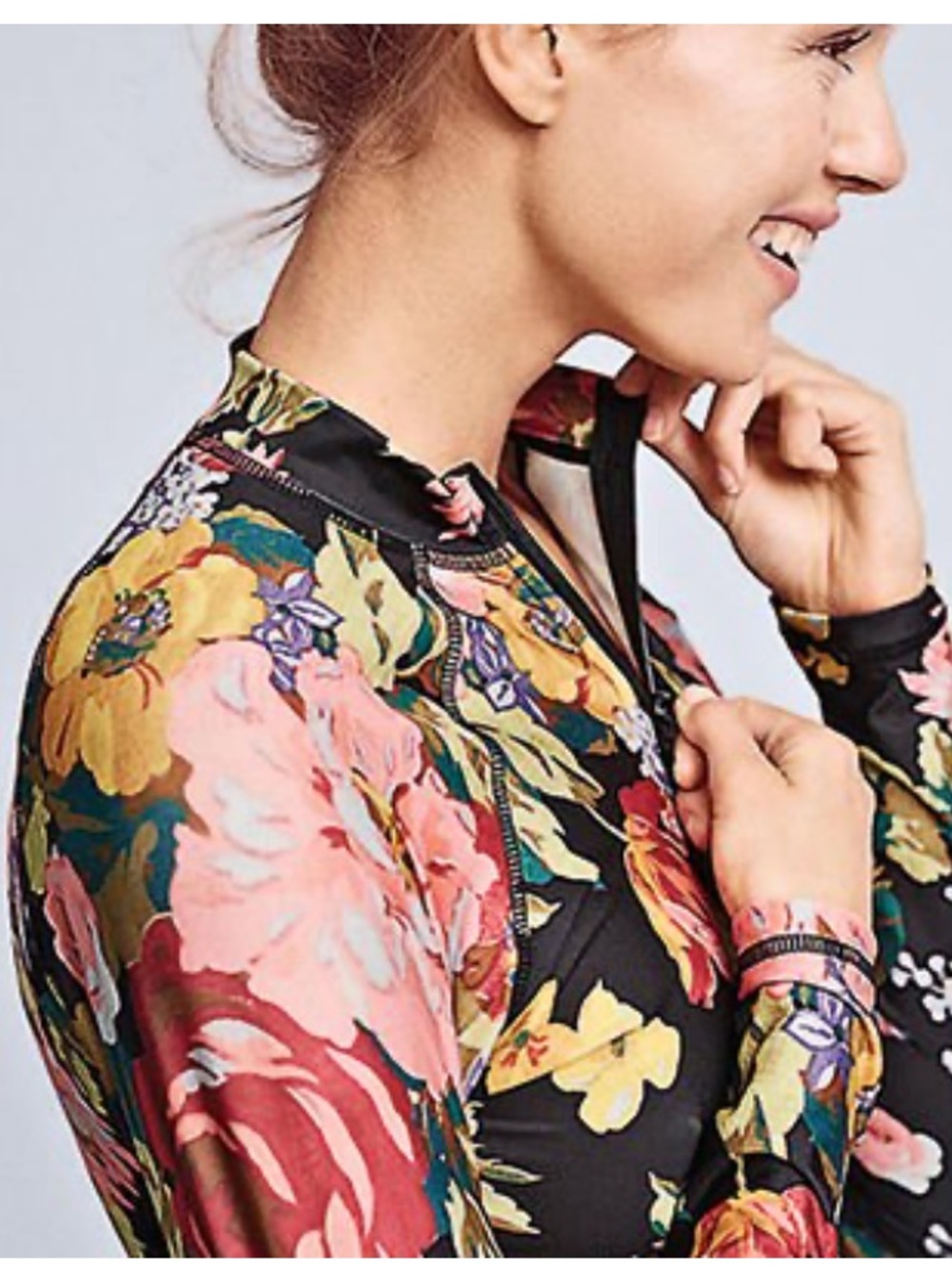 Floral Zip-Front Long Sleeve Top - Black Base with Multicolor Blooms rash gaurd